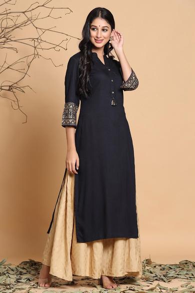 Black Rayon Printed Straight Kurta With Mask