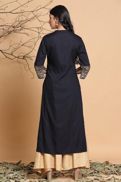 Black Rayon Printed Straight Kurta With Mask