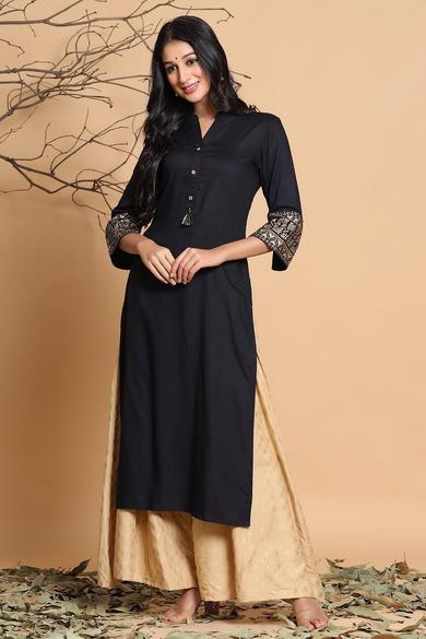 Black Rayon Printed Straight Kurta With Mask