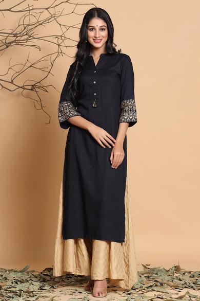 Black Rayon Printed Straight Kurta With Mask