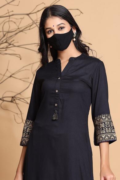 Black Rayon Printed Straight Kurta With Mask
