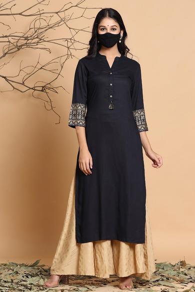 Black Rayon Printed Straight Kurta With Mask