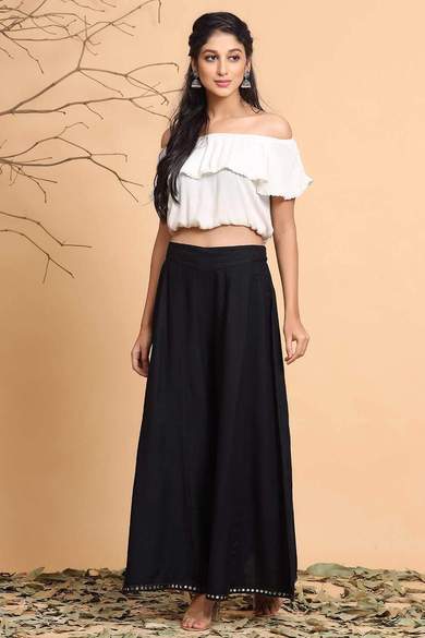 Black Rayon Solid Flared Palazzo with Scrunchie