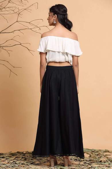 Black Rayon Solid Flared Palazzo with Scrunchie