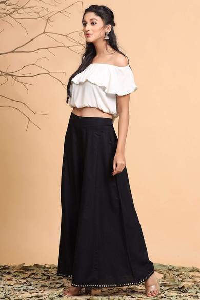 Black Rayon Solid Flared Palazzo with Scrunchie