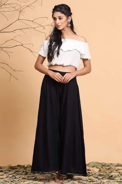 Black Rayon Solid Flared Palazzo with Scrunchie