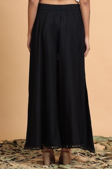 Black Rayon Solid Flared Palazzo with Scrunchie