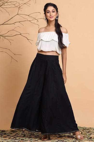 Black Rayon Solid Flared Palazzo with Scrunchie