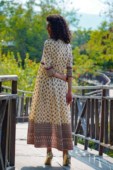 Cream Cambric Floral Print Anarkali Kurta Dress With Mask