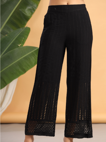 Women's Black Rayon Schiffli Flared Palazzo