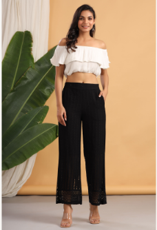 Women's Black Rayon Schiffli Flared Palazzo