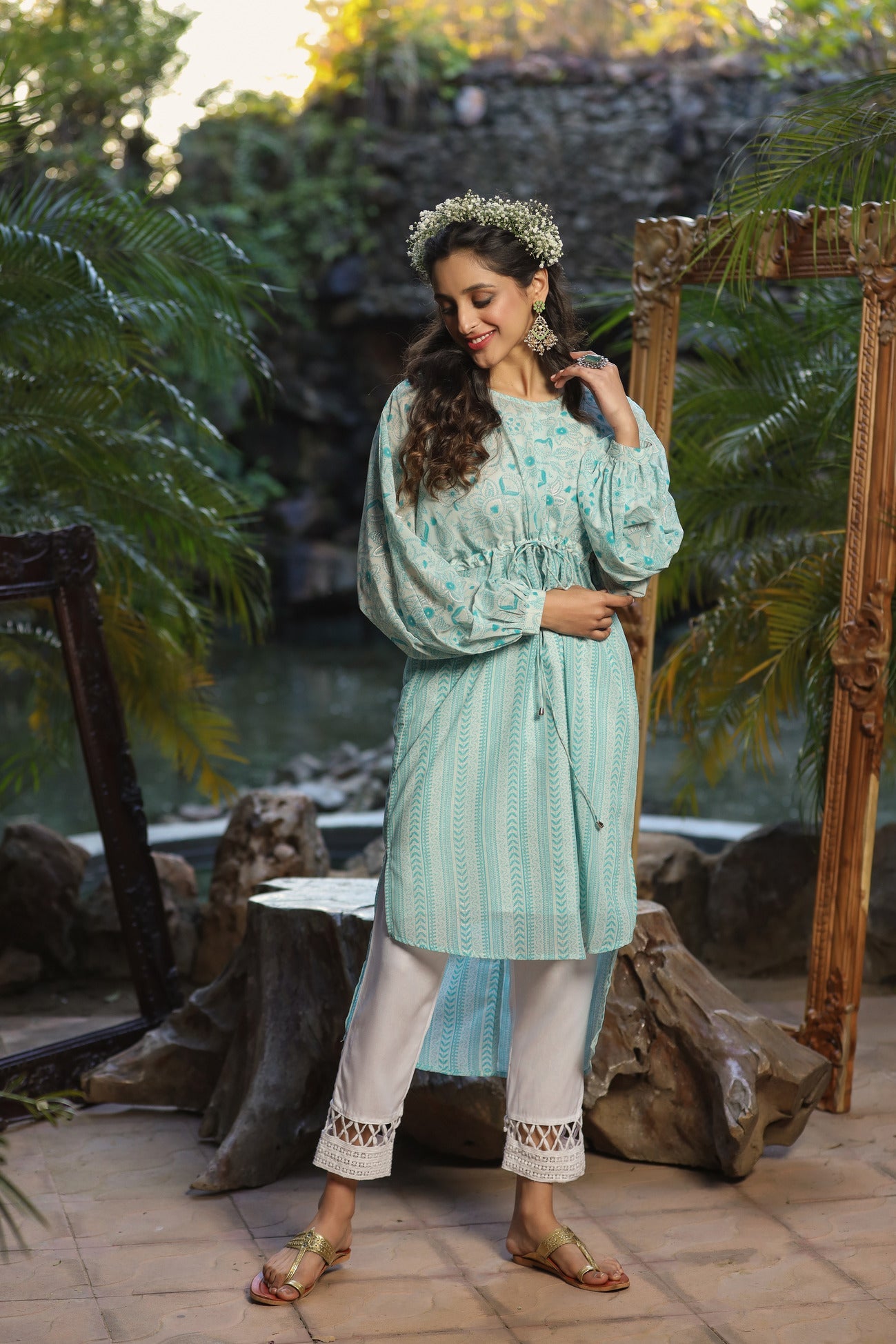 Women's  Bluemulti Georgette Printed High-Low Tunic