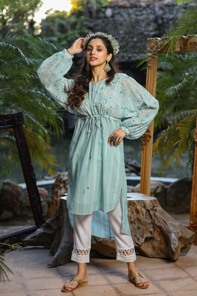 Women's  Bluemulti Georgette Printed High-Low Tunic