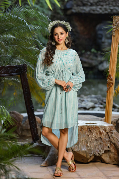 Women's  Bluemulti Georgette Printed High-Low Tunic