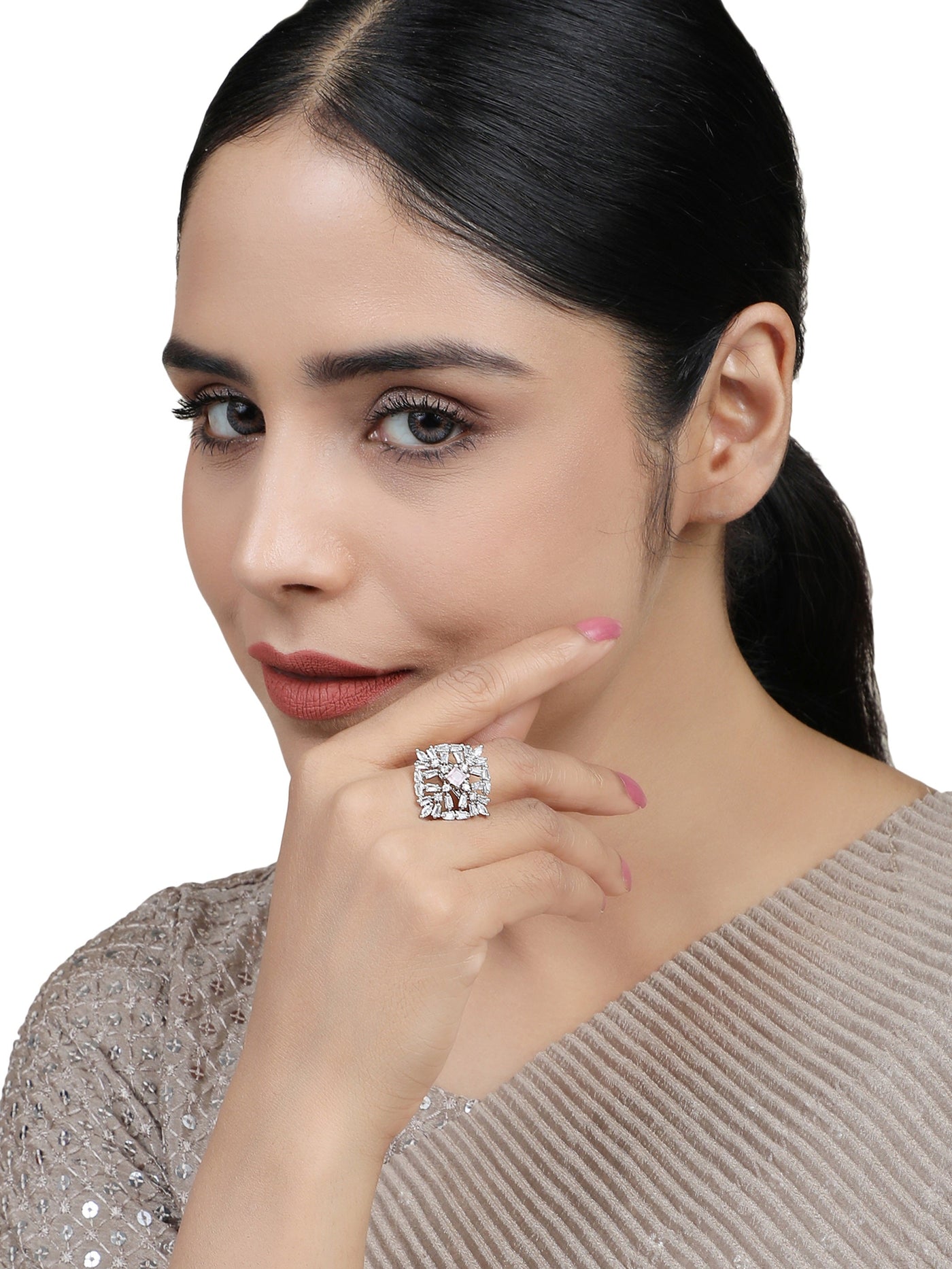 Women's Stylish American Diamond Studded Silver Plated Square Shaped Adjustable Ring