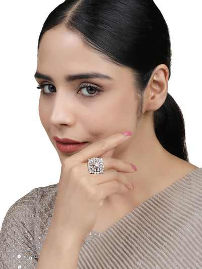 Women's Stylish American Diamond Studded Silver Plated Square Shaped Adjustable Ring