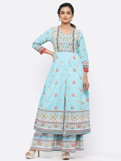 Women's Blue Cambric Printed Anarkali Kurta With Dupatta