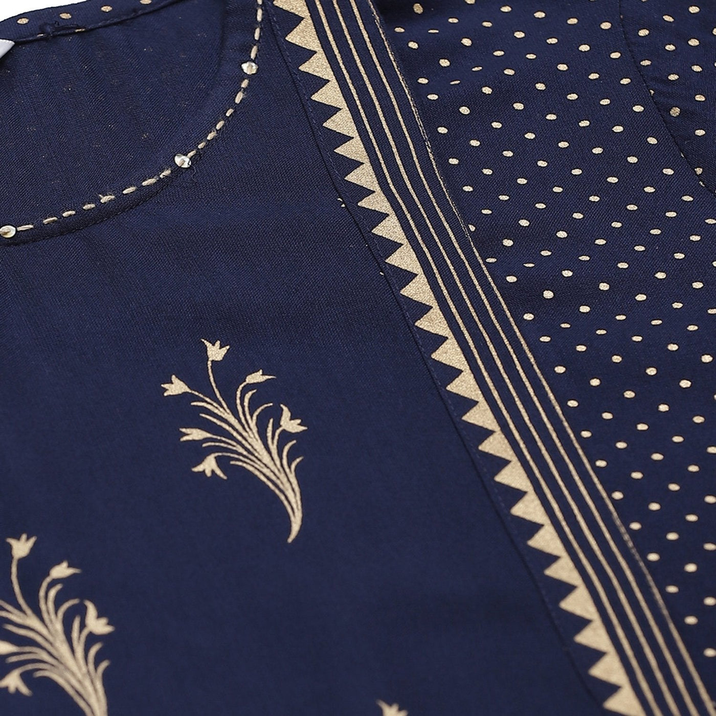 Women's Navy Blue Rayon Gold Print Printed 3/4 Sleeve Round Neck Casual Kurta Only