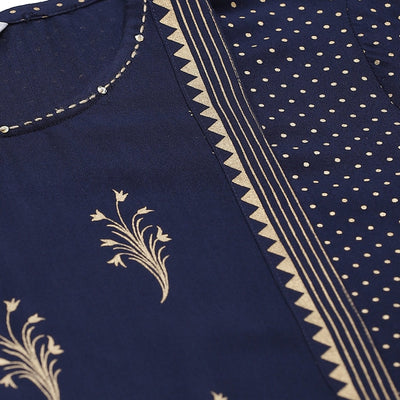 Women's Navy Blue Rayon Gold Print Printed 3/4 Sleeve Round Neck Casual Kurta Only