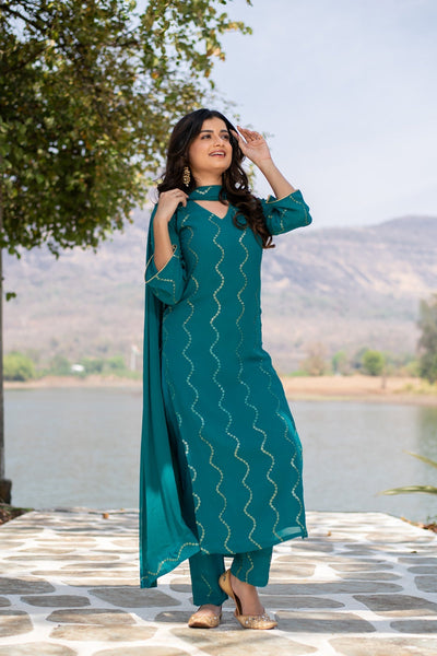 Women's Teal Green Sequin Kurta Set