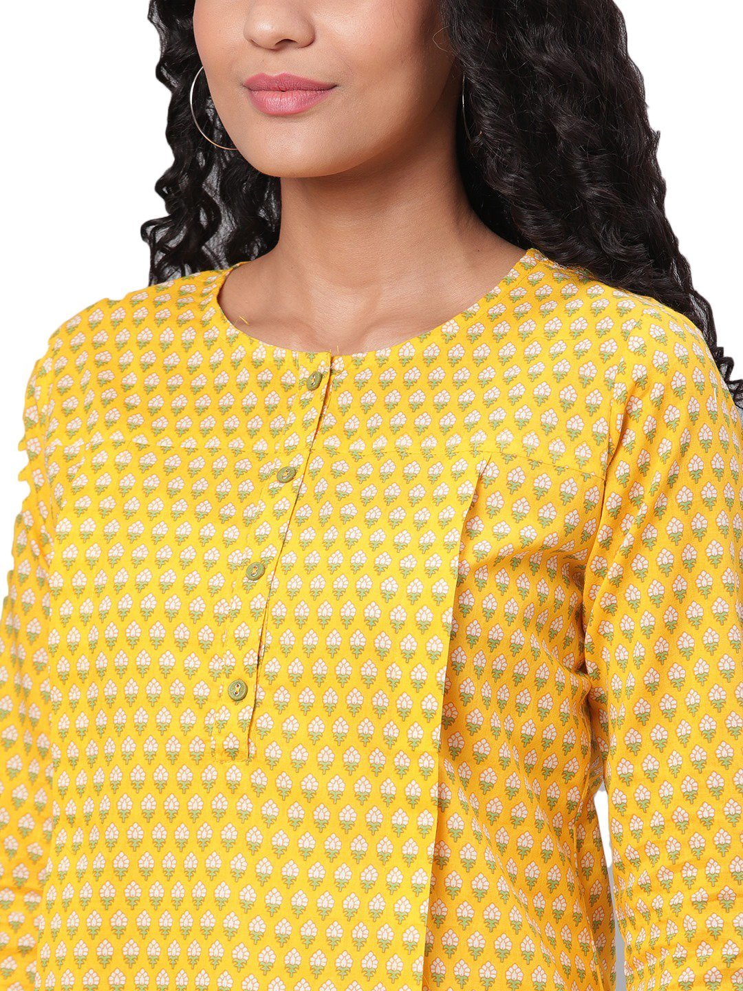 Women Yellow Cotton Printed Short Kurti by Myshka