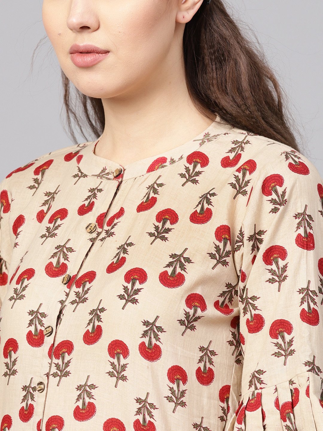 Women's Pink Cotton Printed Bell Sleeves Round Neck Casual Kurta Only