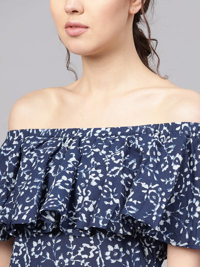 Women's Blue Cotton Printed Cold Shoulder Sleeves Off Shoulder Neck Casual Kurta Only