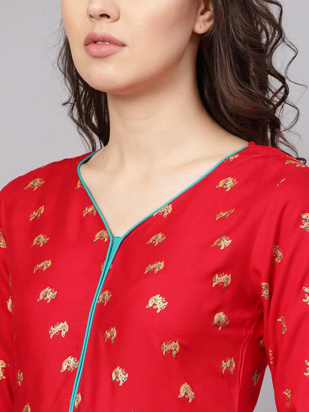 Women's Blue Rayon Printed Short Sleeve Round Neck Casual Kurta Only