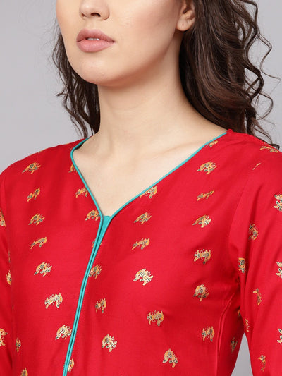 Women's Blue Rayon Printed Short Sleeve Round Neck Casual Kurta Only