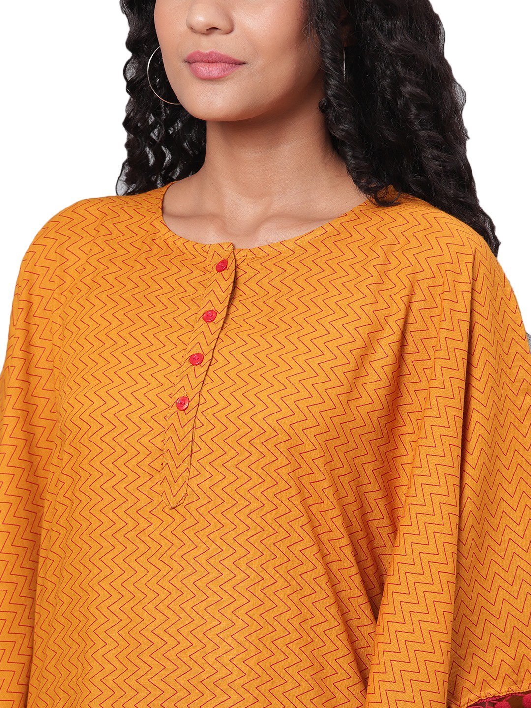 Women's Yellow Printed Sleeveless Round Neck Cotton Slub Casual Kaftaan Top