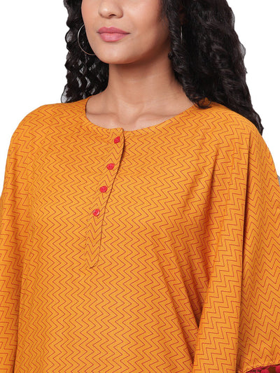 Women's Yellow Printed Sleeveless Round Neck Cotton Slub Casual Kaftaan Top