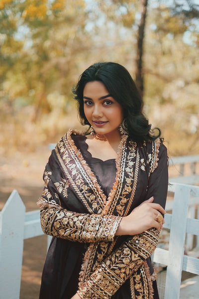 Women's Black Vichitra Silk  Embroidery  Anarkali Set