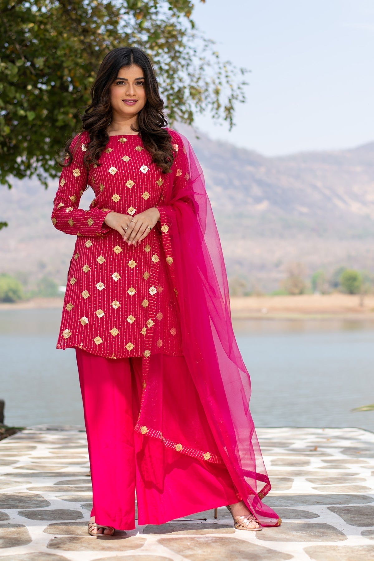 Women's Hot Pink Sequin Kurta Palazzo Set