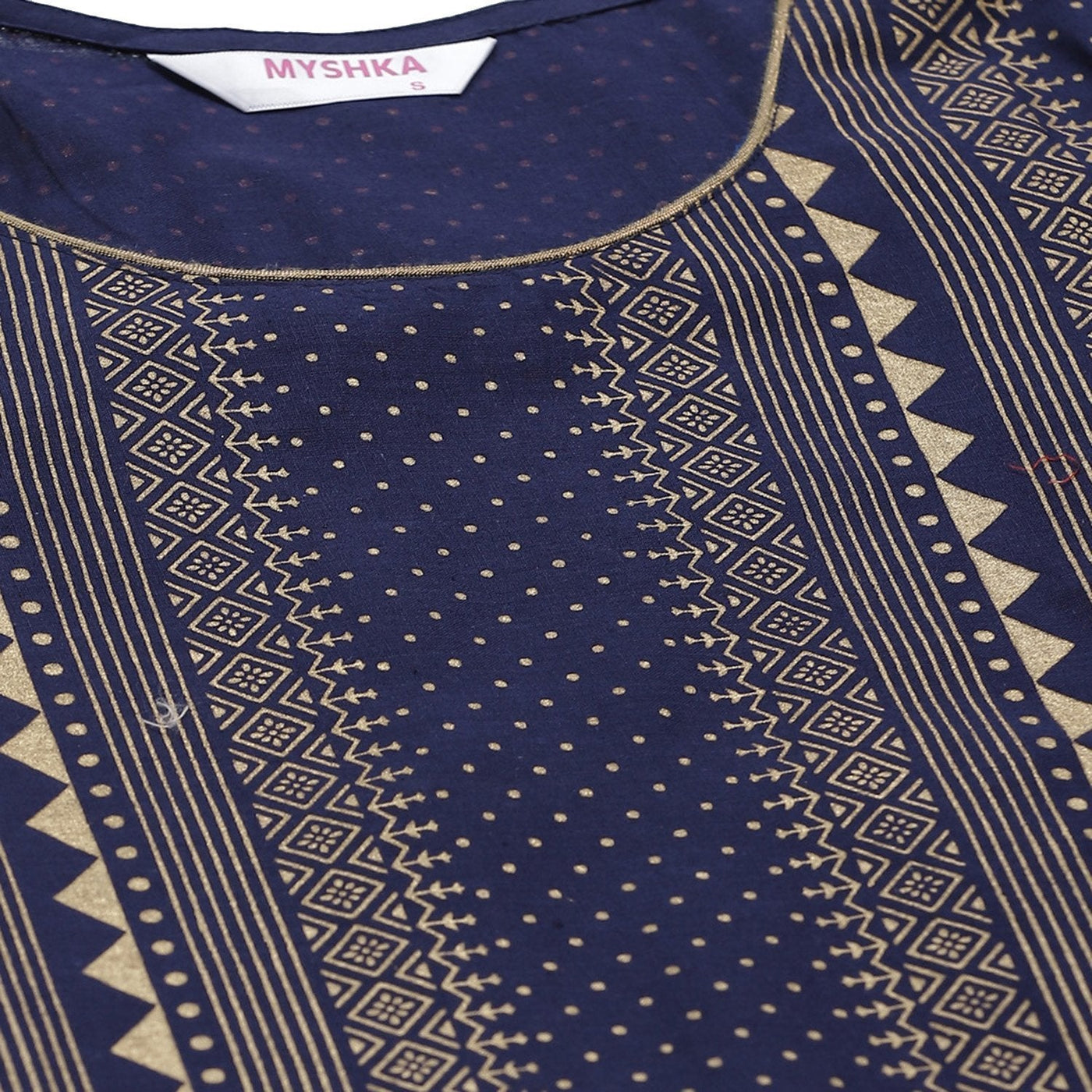 Women's Navy Blue Cotton Printed 3/4 Sleeve Round Neck Casual Kurta Only