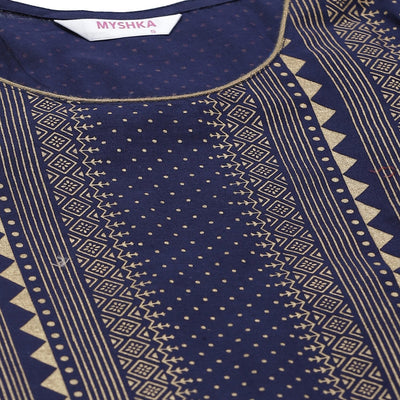 Women's Navy Blue Cotton Printed 3/4 Sleeve Round Neck Casual Kurta Only