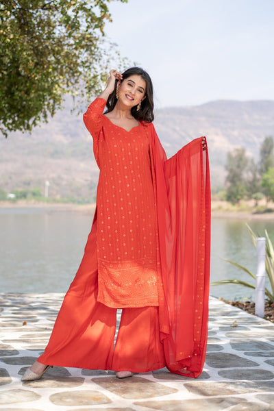 Women's Burnt Orange Heavy Thread Work Long Kurta Set