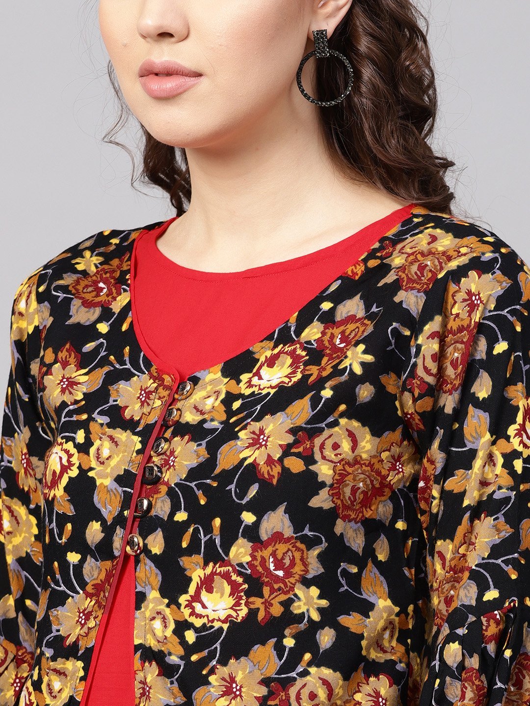 Women's Red Rayon Printed 3/4 Sleeve Round Neck Casual Kurta Only