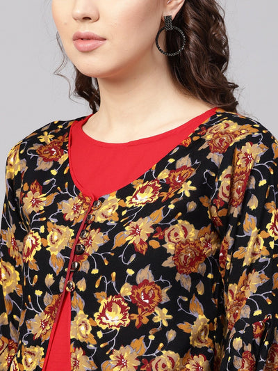 Women's Red Rayon Printed 3/4 Sleeve Round Neck Casual Kurta Only