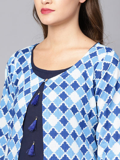 Women's Blue Cotton Printed Full Sleeve Round Neck Casual Kurta Only