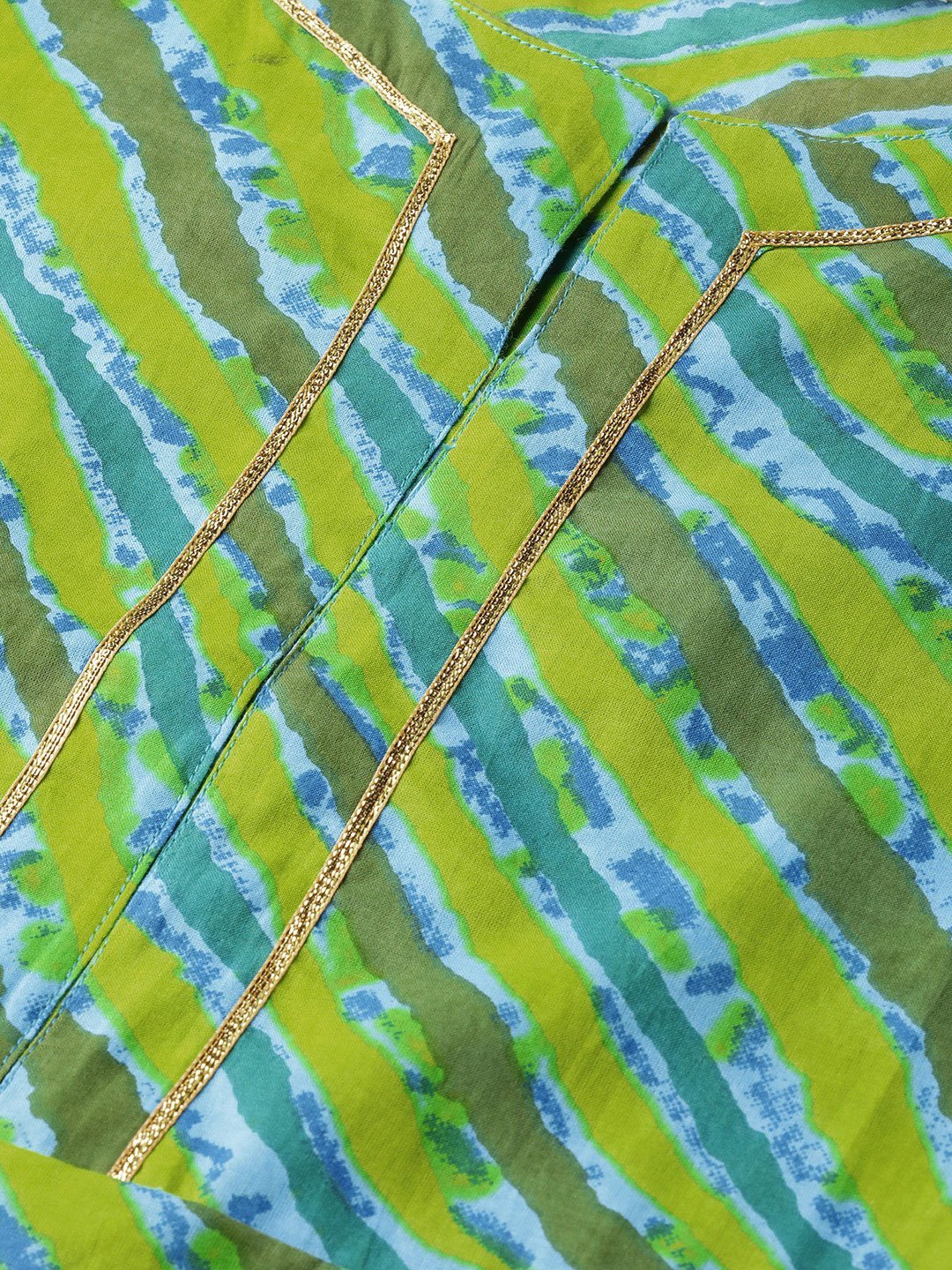 Women's Green Printed 3/4 Sleeve Cotton Round Neck Casual Kurta Only