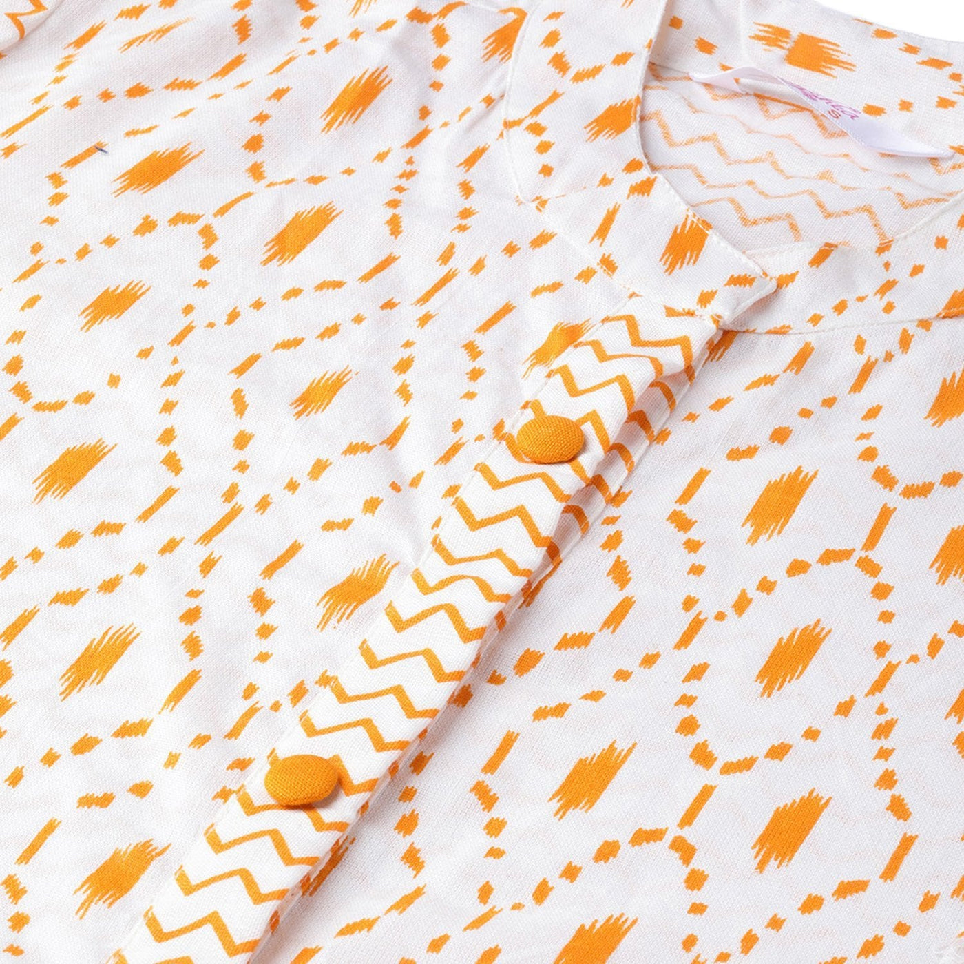 Women's White Cotton Printed 3/4 Sleeve Round Neck Casual Kurta Only