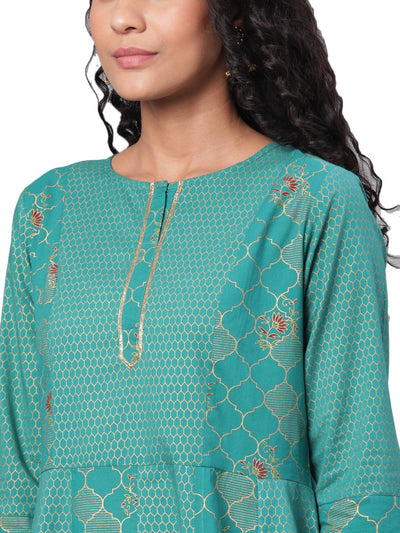 Women's Green Printed 3/4 Sleeve Cotton Round Neck Casual Anarkali Kurta Only