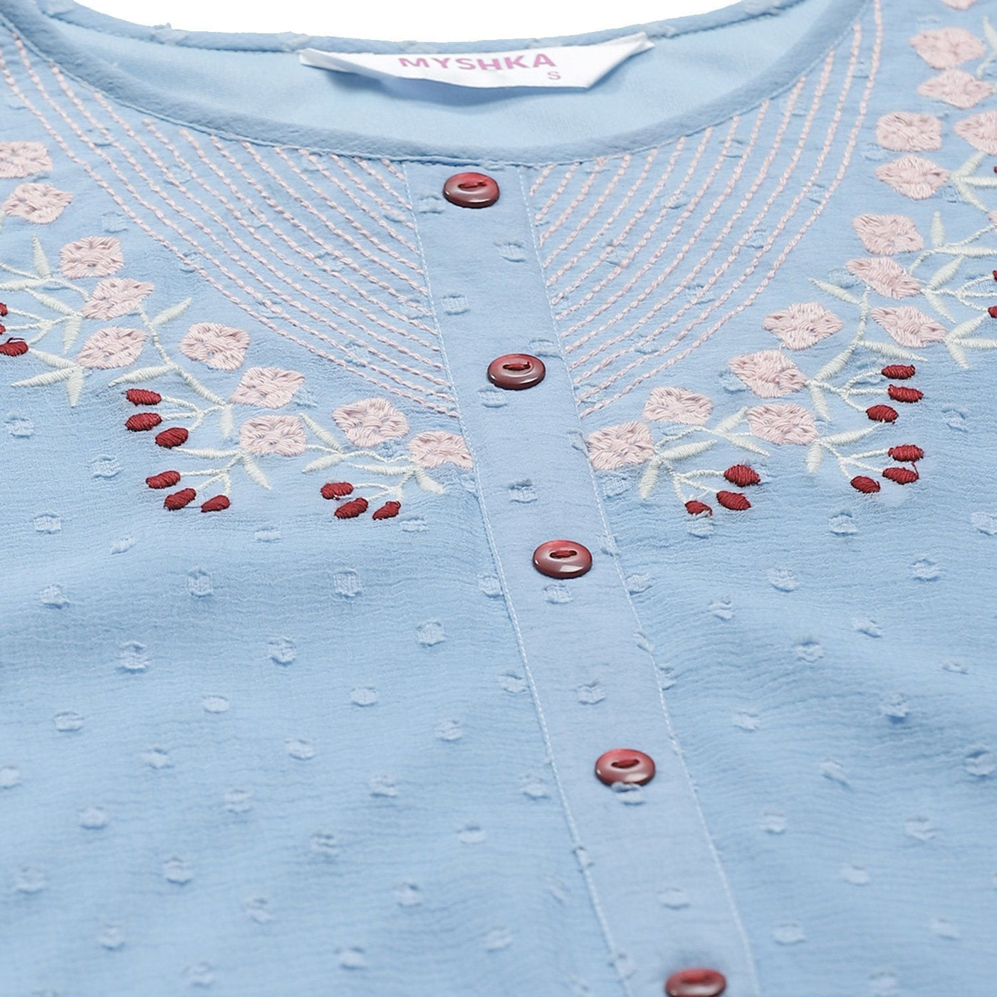 Women's Blue Dobby Chiffon Printed 3/4 Sleeve Round Neck Casual Kurta Only