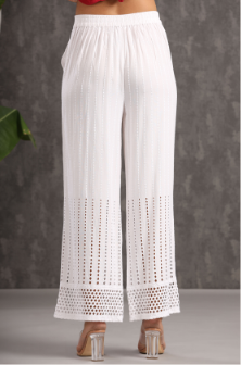 Women's White Rayon Schiffli Flared Palazzo