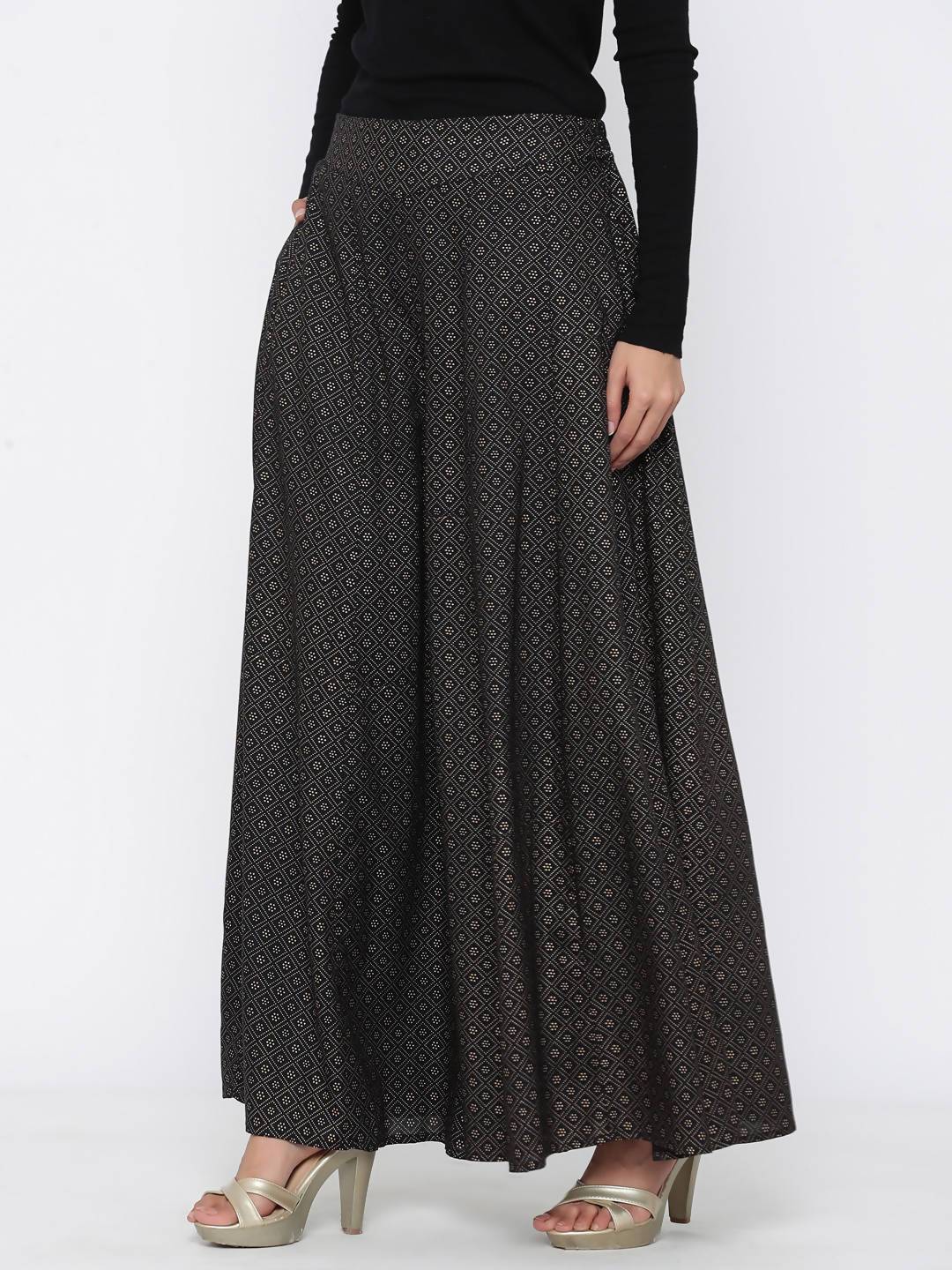 Women's Black Rayon Printed Flared Palazzo