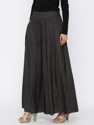 Women's Black Rayon Printed Flared Palazzo
