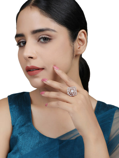 Women's Rose Gold Plated Trendy American Diamond Square Shaped Ring