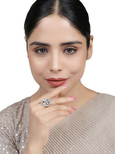 Women's Silver Plated Trendy American Diamond Circular Shaped Ring