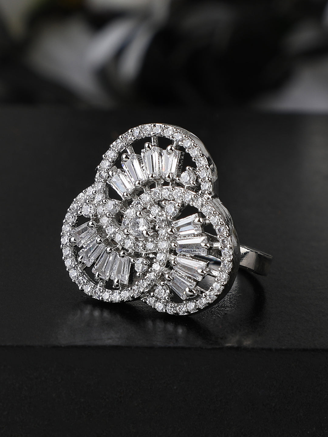 Women's Silver-Plated Ad Studded Circular Hand Crafted Adjustable Finger Ring