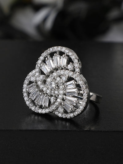 Women's Silver-Plated Ad Studded Circular Hand Crafted Adjustable Finger Ring